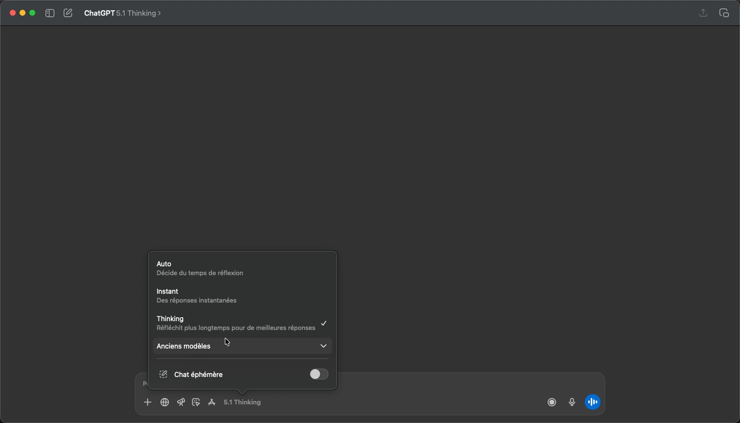 Interface ChatGPT avec les modes Instant et Thinking